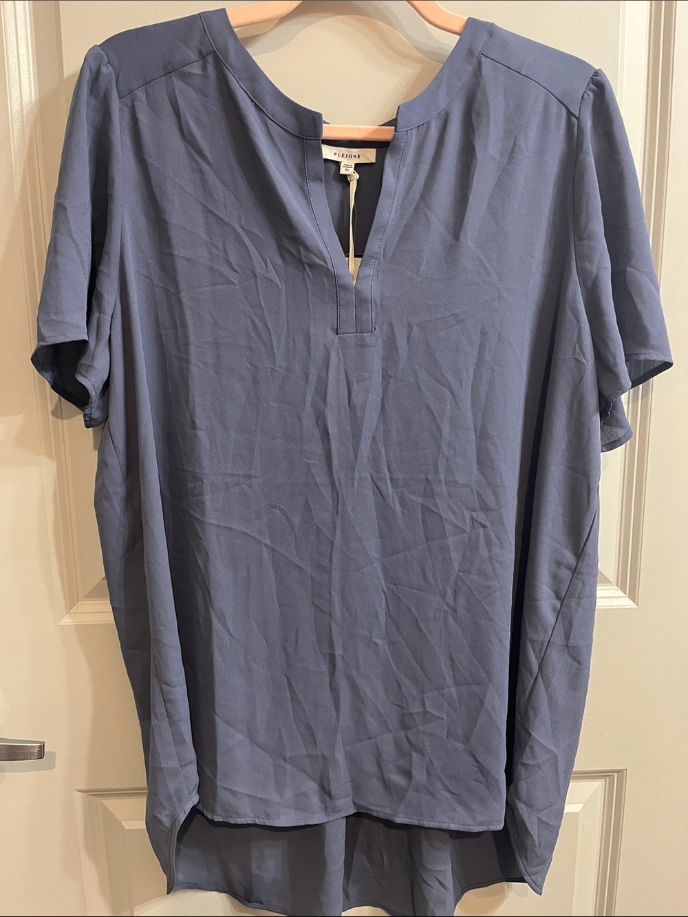 Pleione Dusty Blue Split-Neck Short-Sleeve Blouse